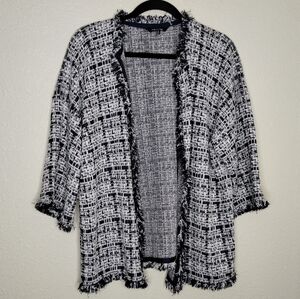 Misook Blue White Tweed Open Front Blazer Fringe Trim Women's Size Medium